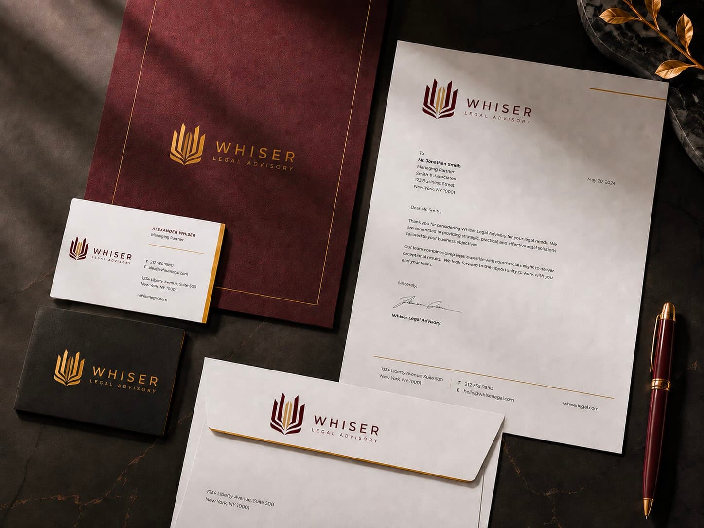 Whiser Legal Advisory brand stationery from Figma design